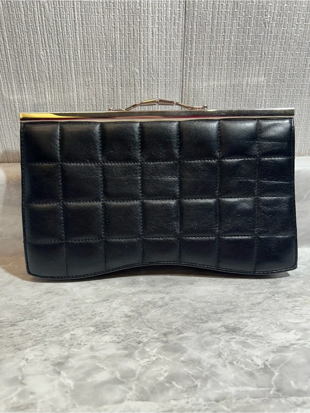 Black Quilted Leather Frame-Top Clutch - BG6